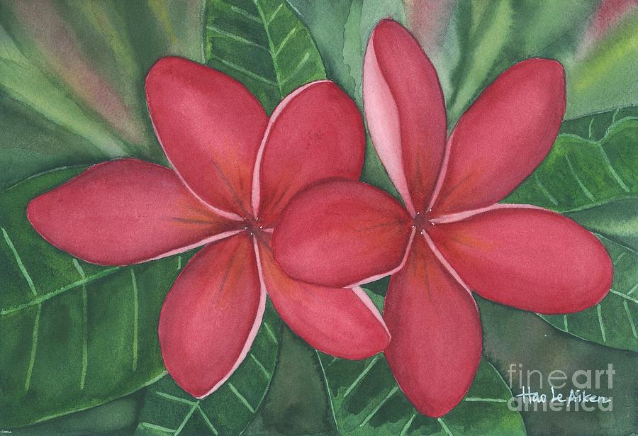Red Blooms - Plumeria Watercolor Painting by Hao Aiken