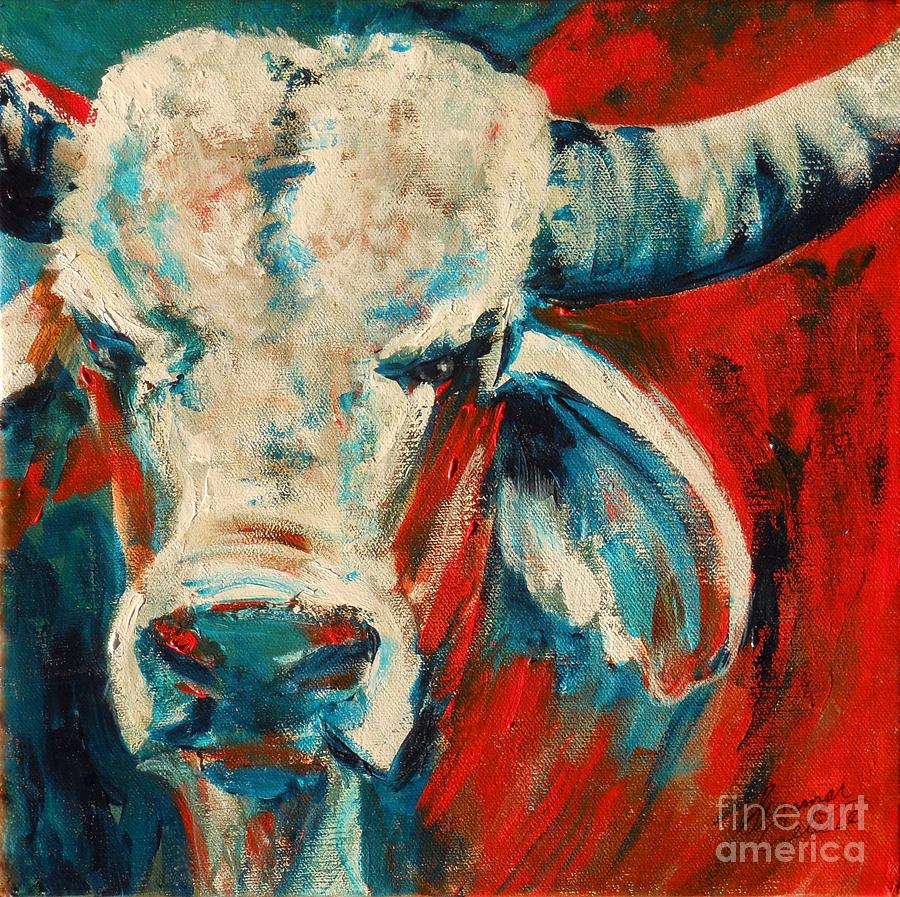 Red-Blue Brahma Bull Painting by Summer Celeste