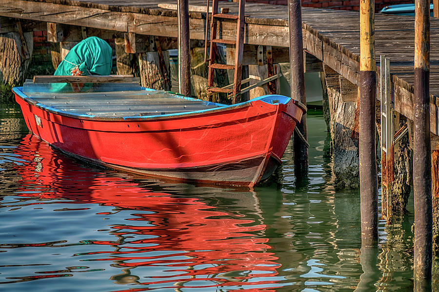Red Boat and Dock Burano Venice_DSC5241_03042017 Photograph by Greg Kluempers