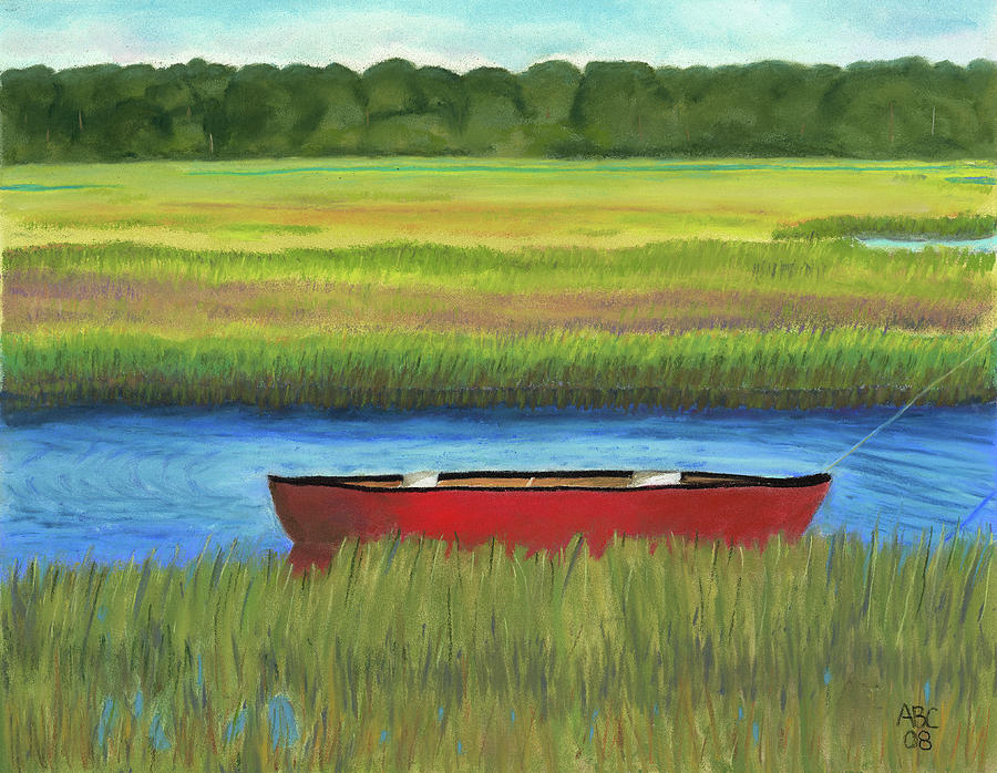 Red Boat - Assateague Channel Painting by Arlene Crafton