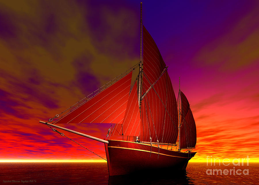 Sunset Digital Art - Red Boat at Sunset by Sandra Bauser