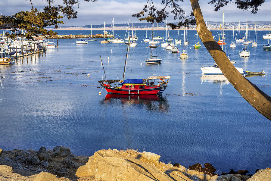 Red Boat In Monterey Bay Photograph by Joseph S Giacalone