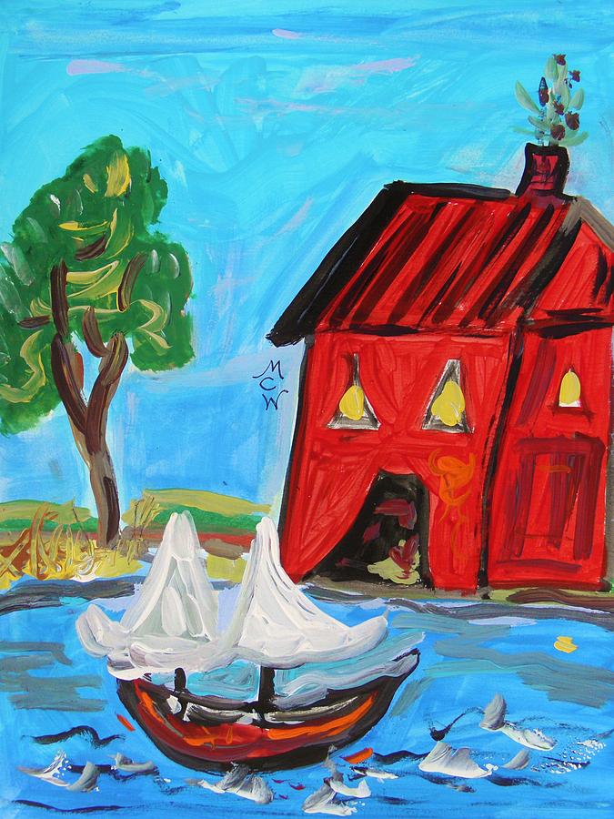 Red Boathouse and Red Sailboat Painting by Mary Carol Williams