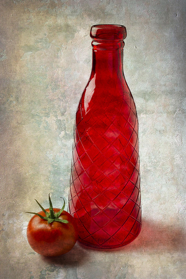 Bottle Photograph - Red Bottle And Tomato by Garry Gay