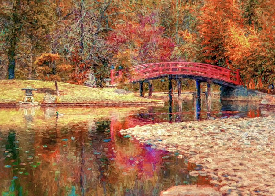 Red Bridge Autumn Digital Art by Jon Woodhams