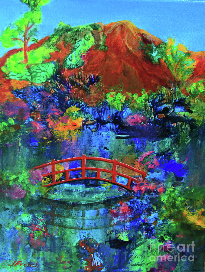 Red Bridge Dreamscape Painting by Jeanette French