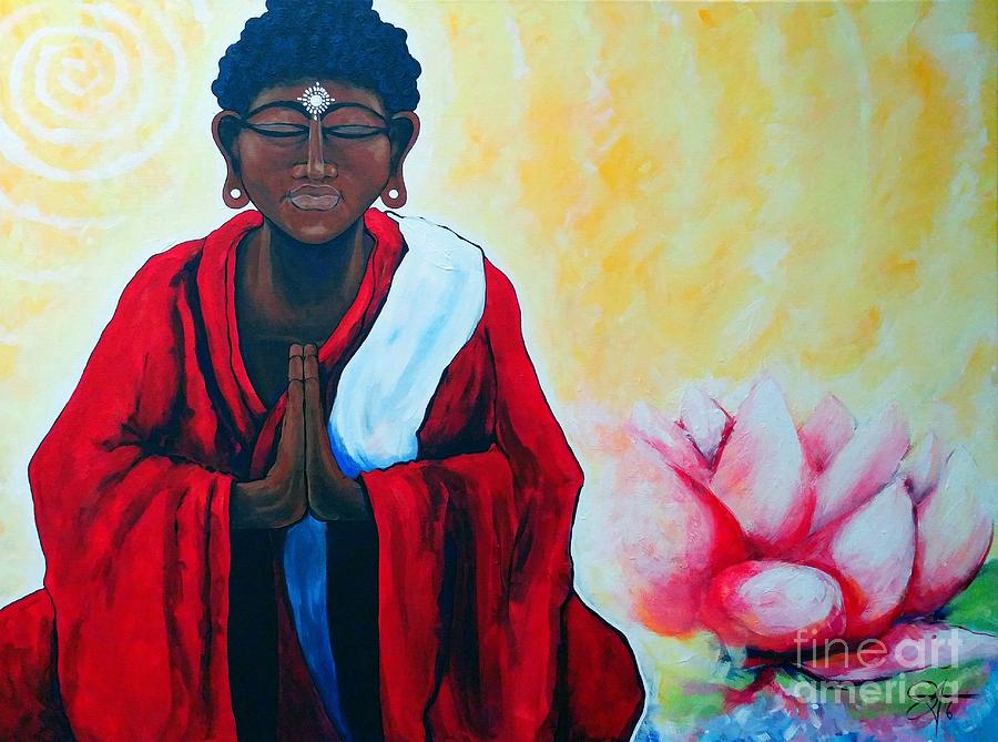 Red Buddha Lotus Spiritual Jackie Carpenter Painting by Jackie Carpenter