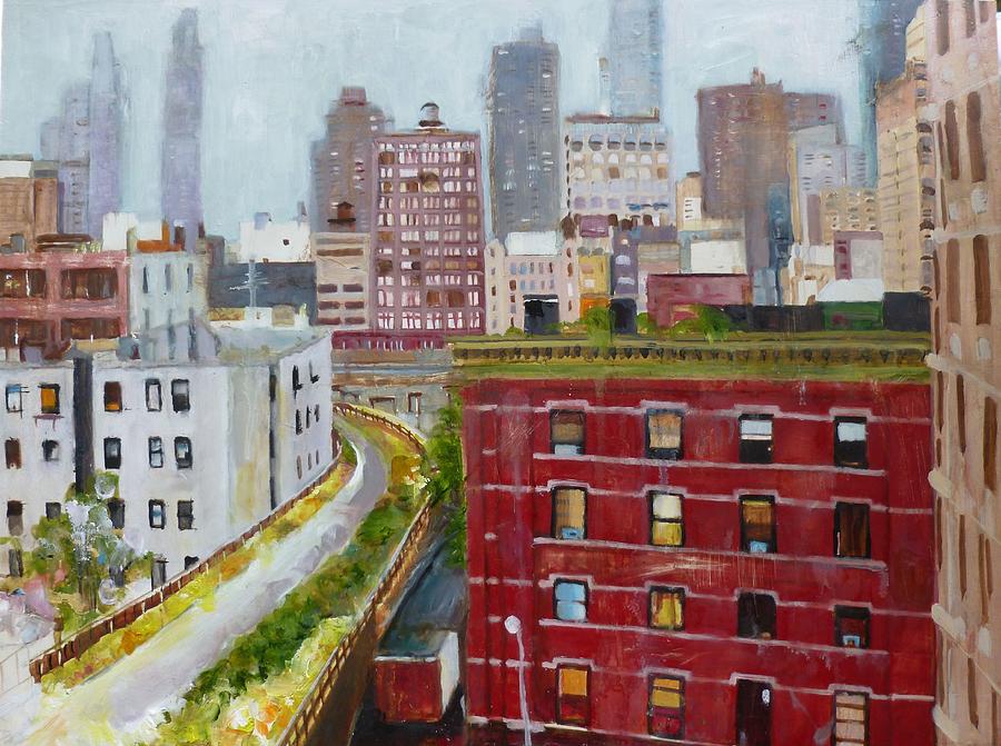 Empire State Building Painting - Red Building on the Highline NYC by Joanne Orce