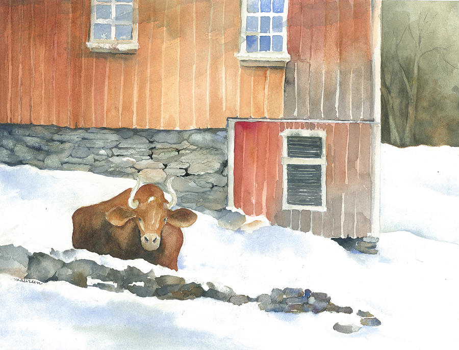 Red Bull And Red Barn Painting