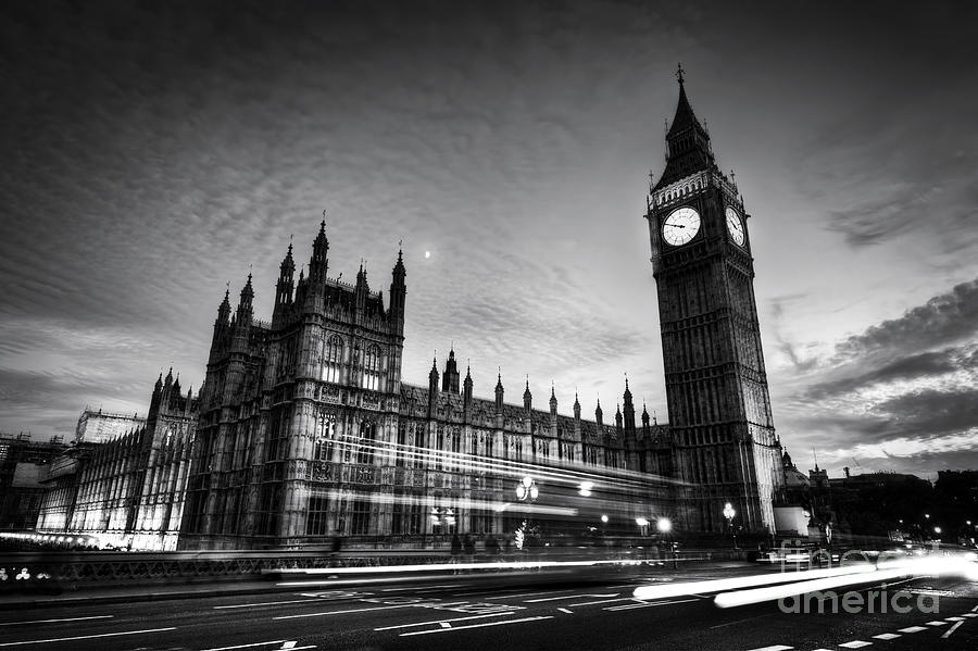 Red bus, Big Ben and Westminster Palace in London, the UK. at night. Black and white Photograph by Michal Bednarek