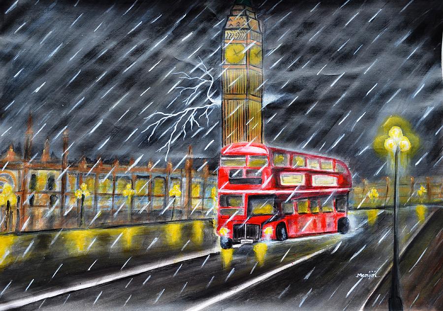 Red bus in London Night Rain Painting by Manjiri Kanvinde