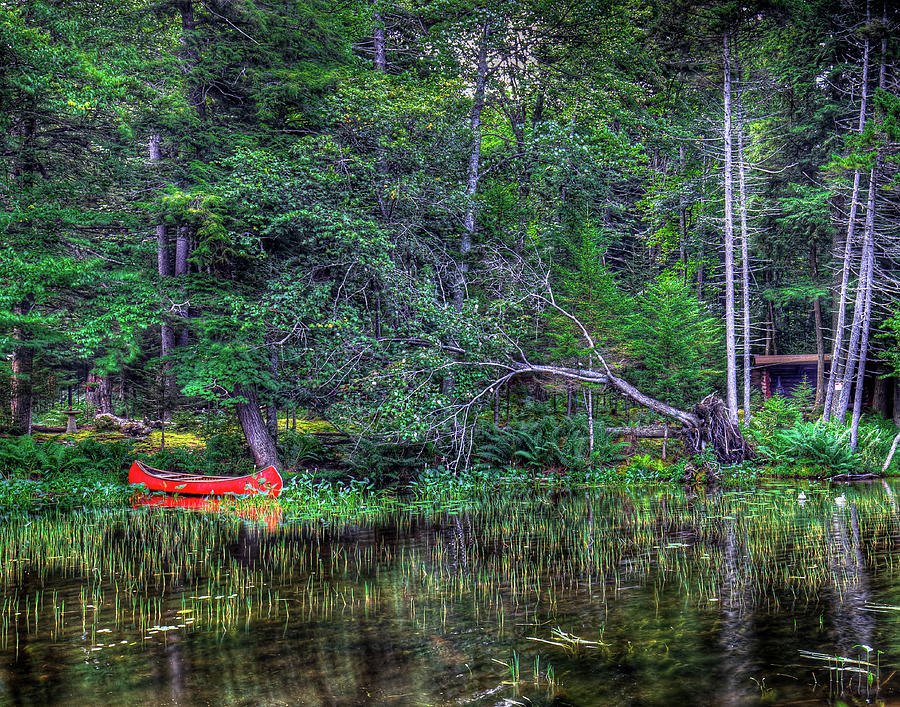 Landscape Photograph - Red Canoe Among the Reeds by David Patterson