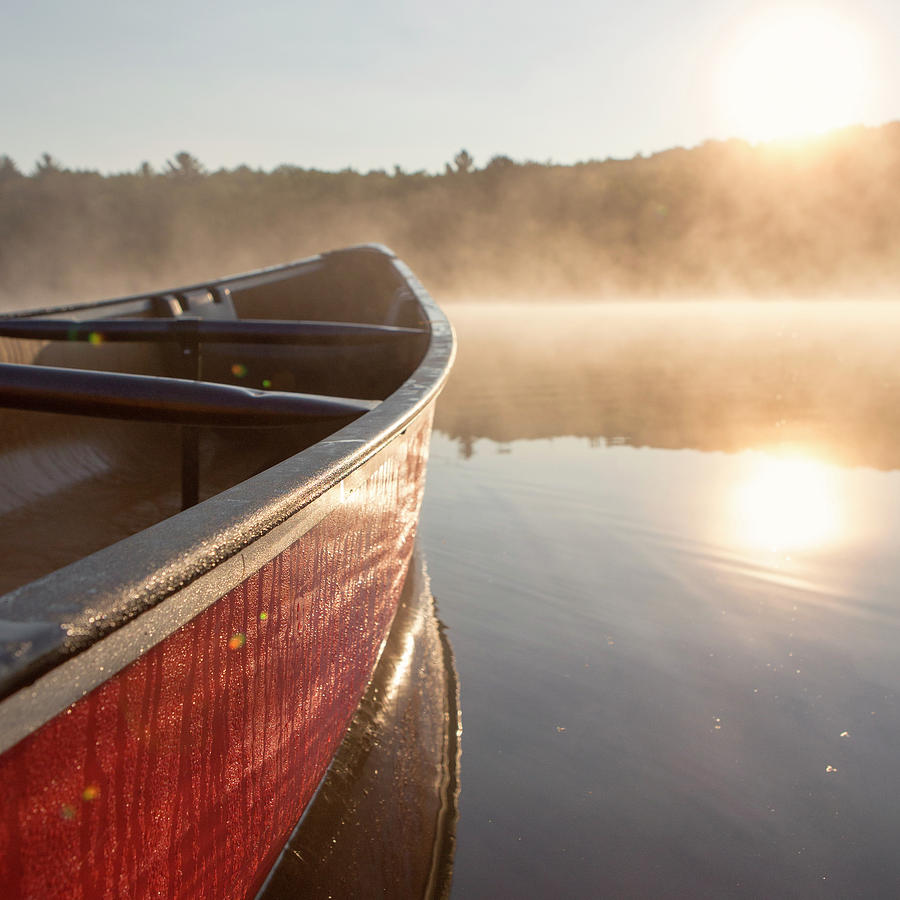 Red Canoe On Misty Lake Photograph by Stephanie McDowell