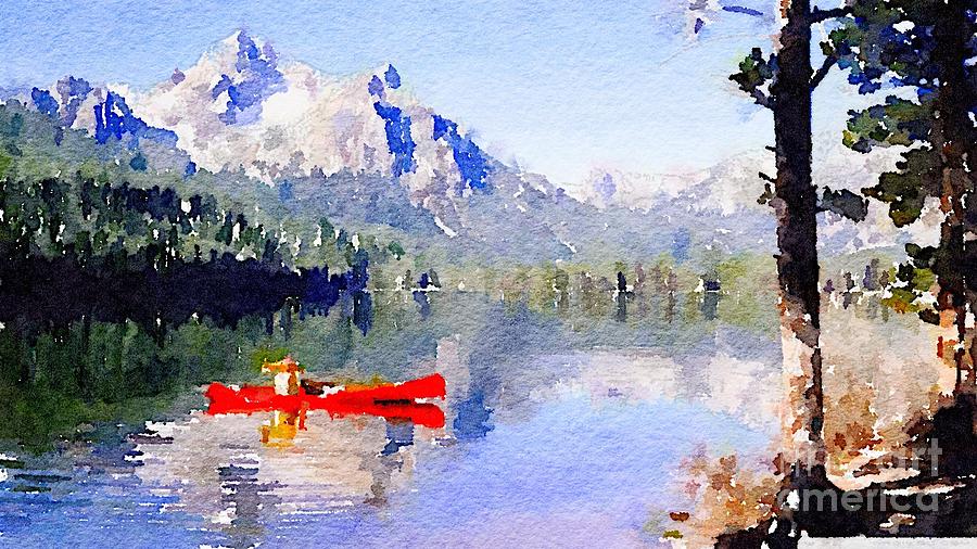 Red Canoe On Mountain Lake Photograph