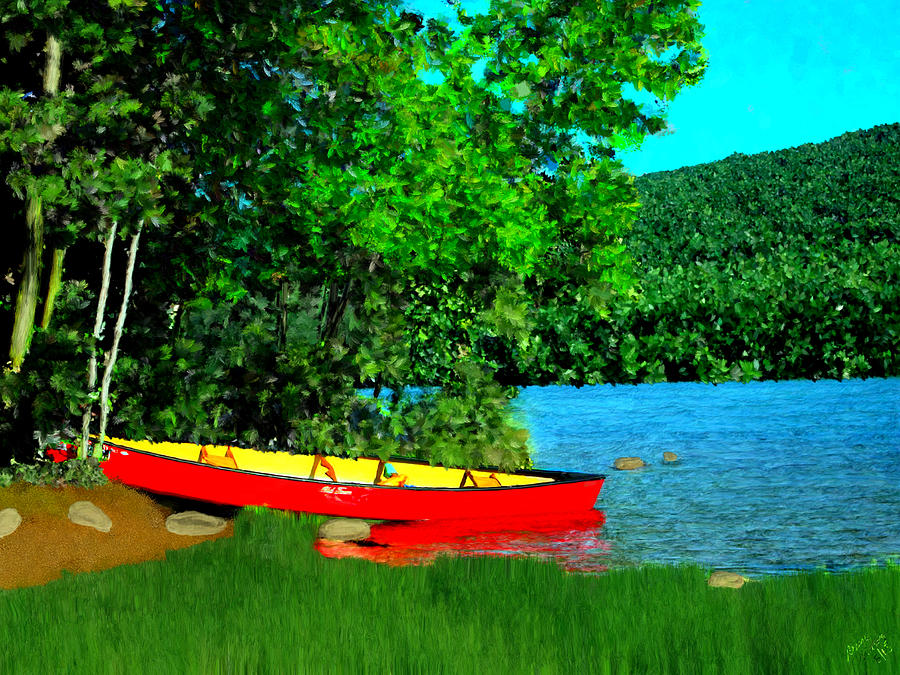 Red Canoe on the Lake Painting by Bruce Nutting