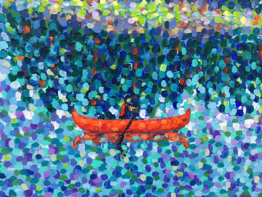 Red canoe on the lake Painting by Cristina Stefan