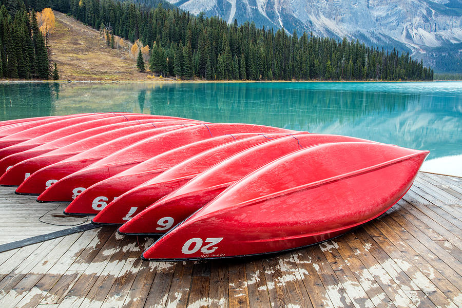 Red Canoes of Emerald Lake Photograph by Pierre Leclerc Photography