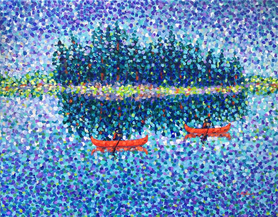 Red Canoes on the Lake Painting by Cristina Stefan
