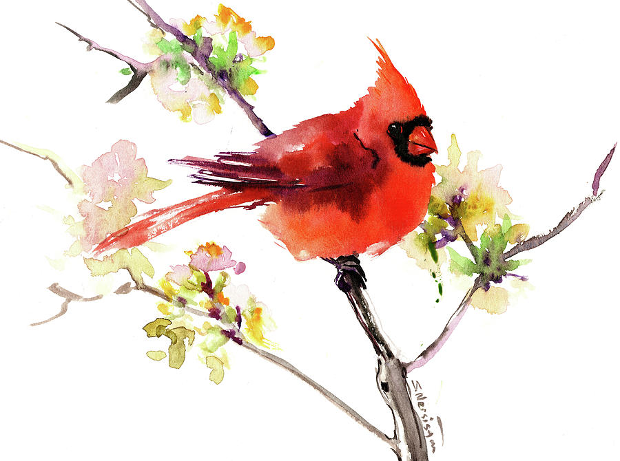 Red Cardinal Bird Painting by Suren Nersisyan