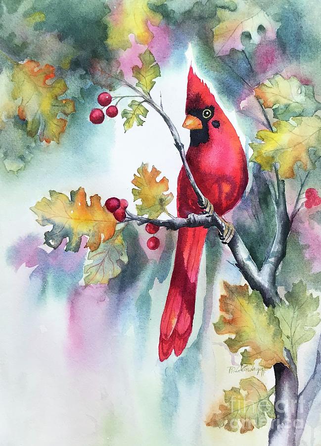 Red Cardinal with Berries Painting by Hilda Vandergriff