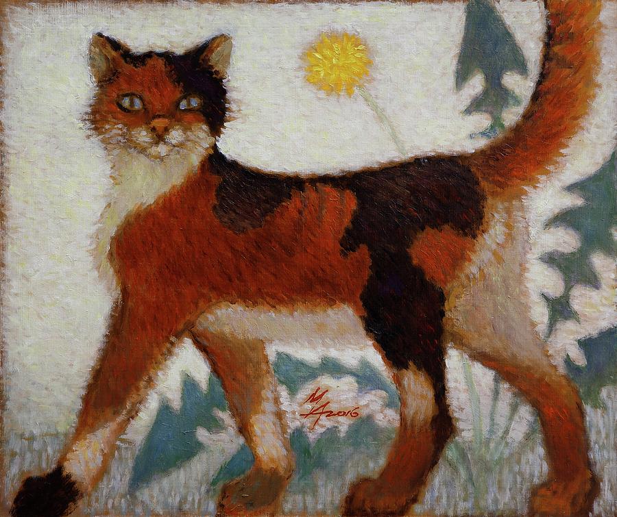 Red Cat Painting by Attila Meszlenyi