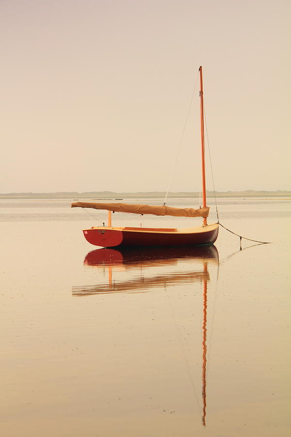 Boat Photograph - Red Catboat on Misty Harbor by Roupen Baker
