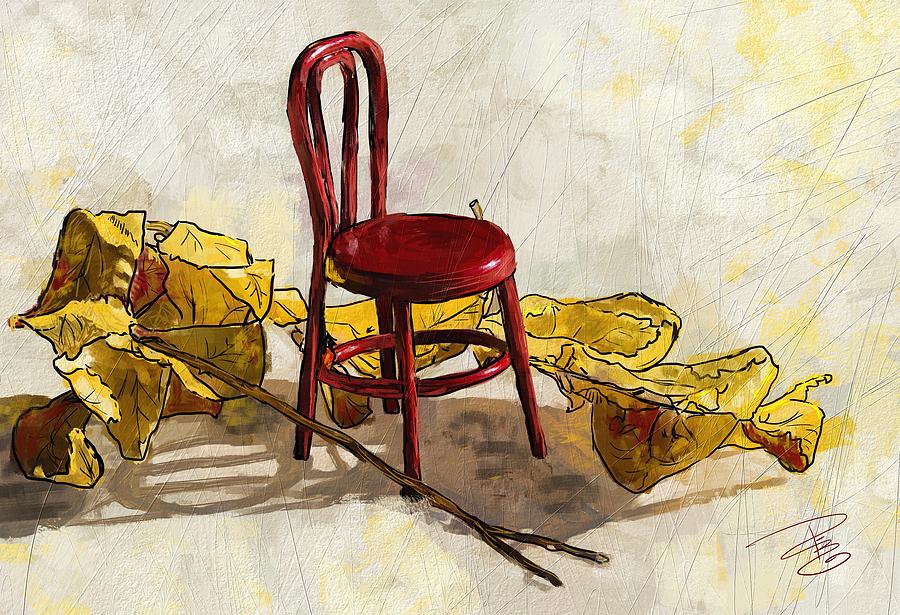 Red chair and yellow leaves Digital Art by Debra Baldwin