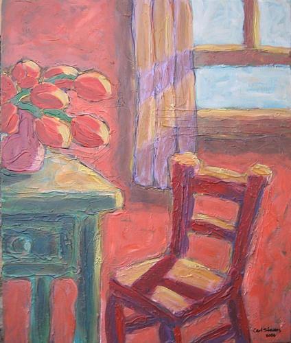 Interior Painting - Red Chair in Orange Room by Carl Stevens