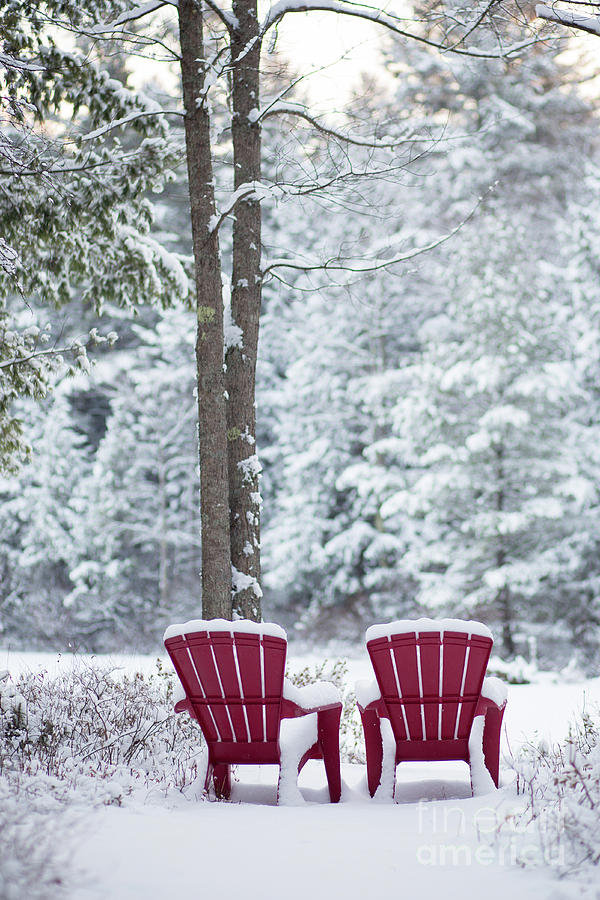 Red Chairs by the Anderson Pond Winter Photograph by Edward Fielding