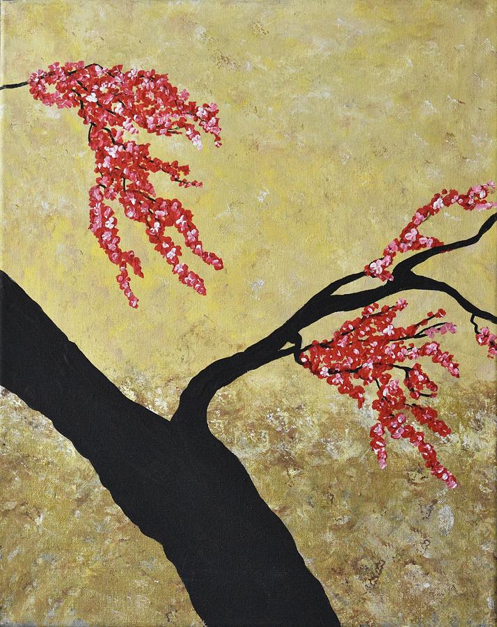 Red Cherry Blossoms-image 3 out of 3-red cherry blossoms Painting by Geanna Georgescu