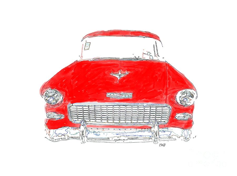 Vintage Drawing - Red Chevy T-Shirt by Edward Fielding