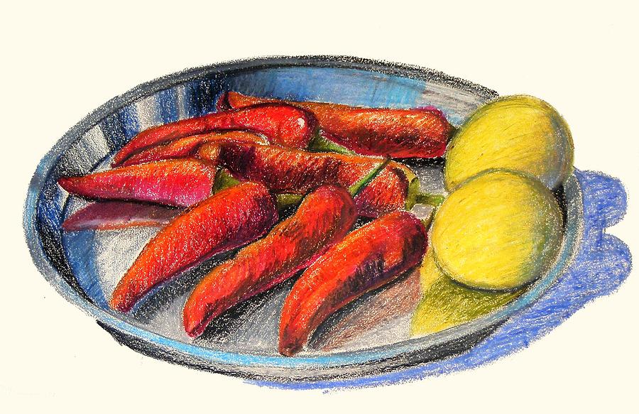 Still Life Pastel - Red Chillies And Lemon In A Steel Plate by Naveen Wagh