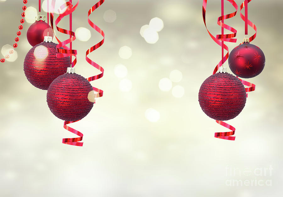 Red christmas balls on gray Photograph by Anastasy Yarmolovich