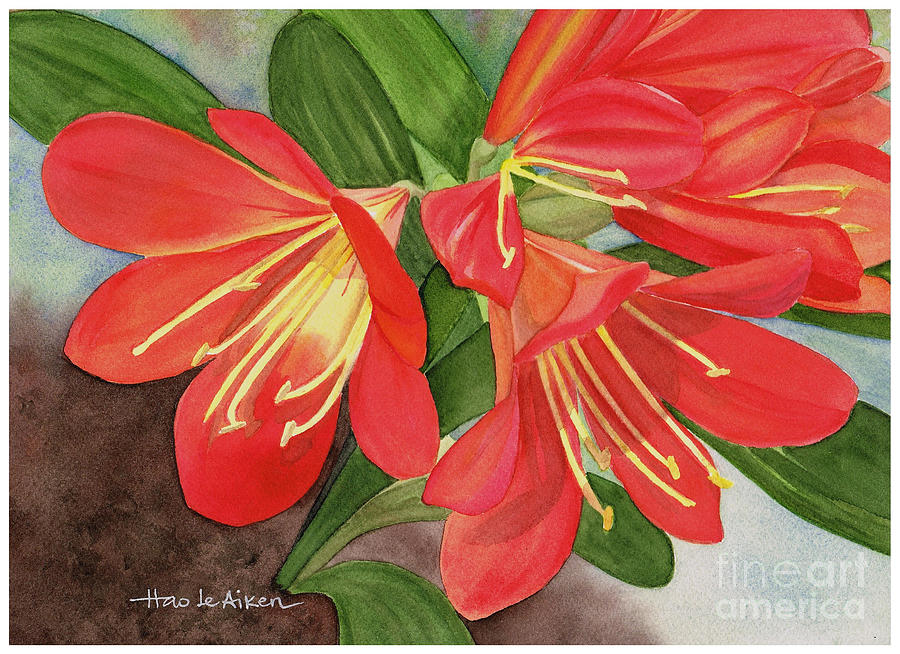 Red Clivias - Watercolor Painting by Hao Aiken