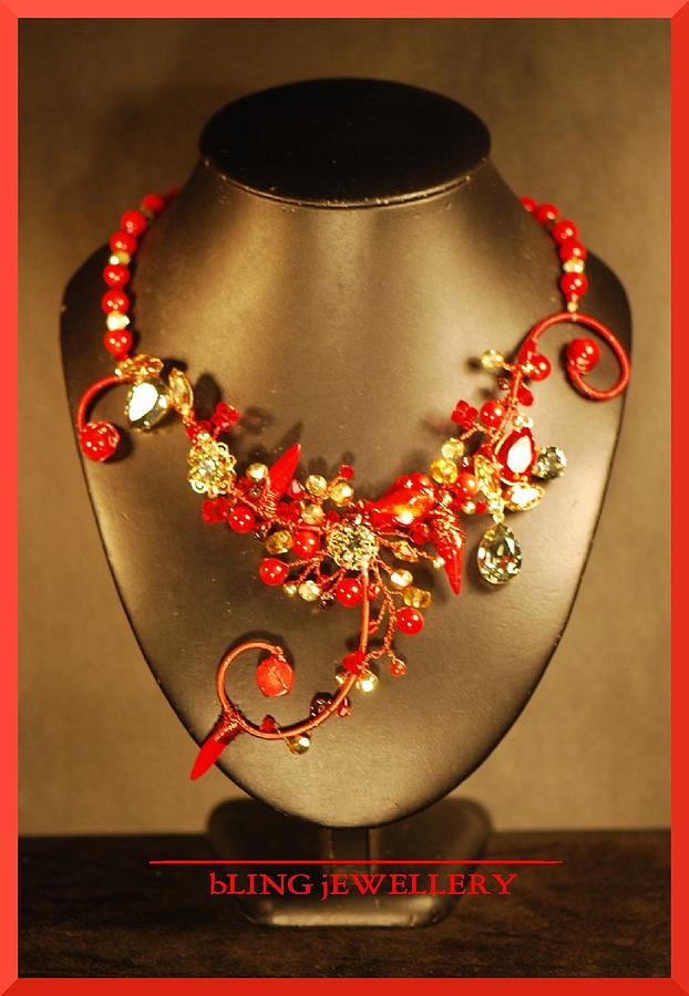 Wire Wrapped Necklace Jewelry - Red Coral and Crystal Wire Wrapped Necklace by Janine Antulov