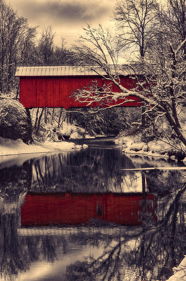Red covered bridge in winter Photograph by Jeff Folger