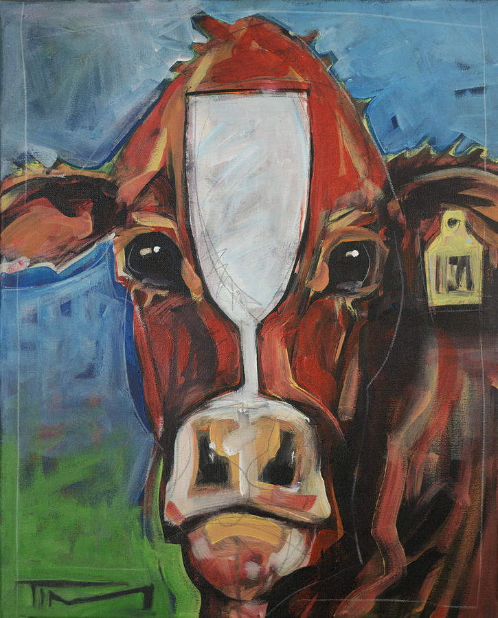 Red Cow With Wineglass Marking Painting by Tim Nyberg