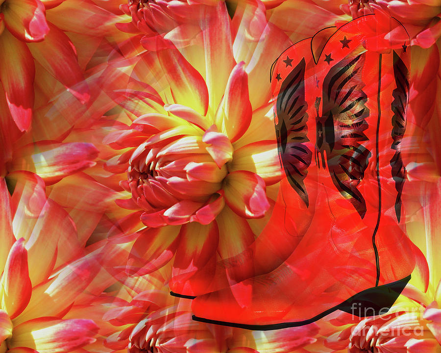 Red Cowboy Boots And Dahlia Digital Art by Smilin Eyes Treasures