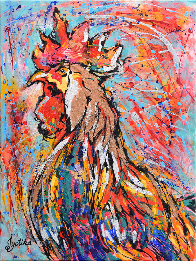 Red Crown Rooster Painting by Jyotika Shroff