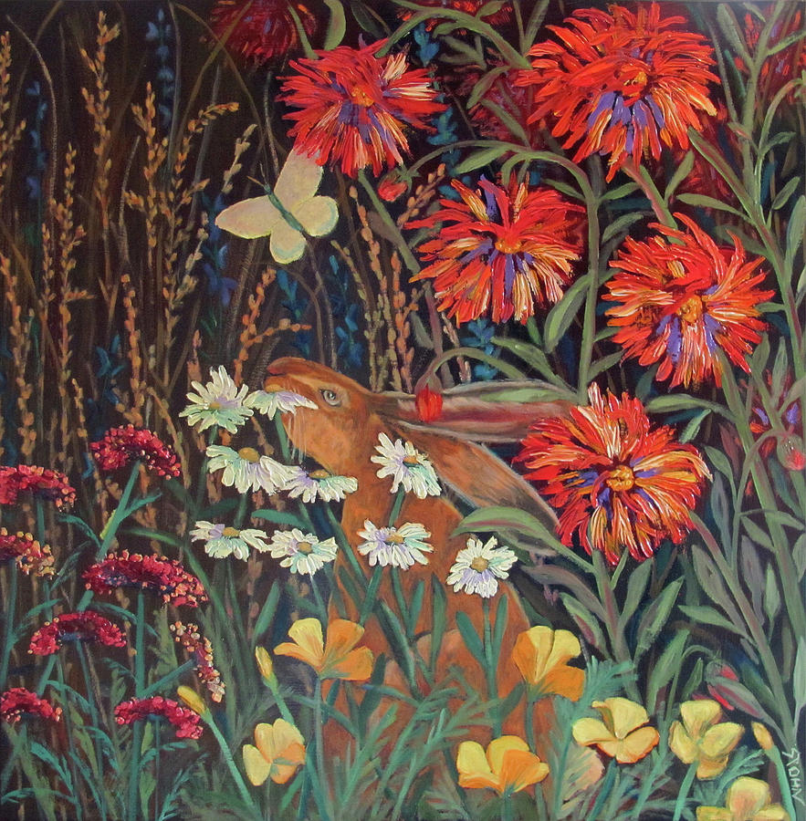 Butterfly Painting - Red Dahlia Garden- dyptich B by Susan  Spohn