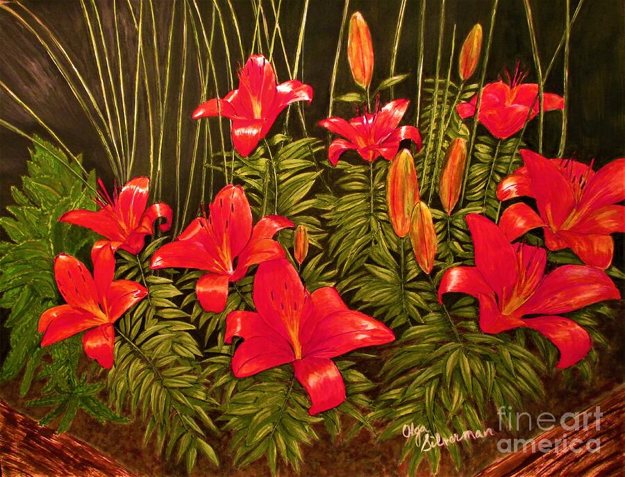 Red Daylilies Painting by Olga Silverman