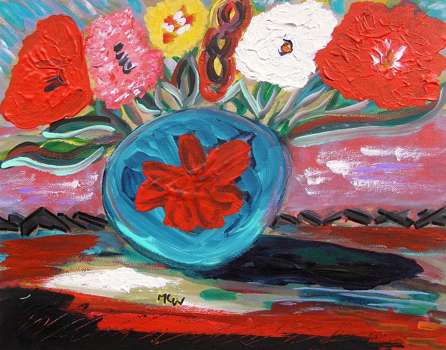 Red Design-Blue Vase Painting by Mary Carol Williams