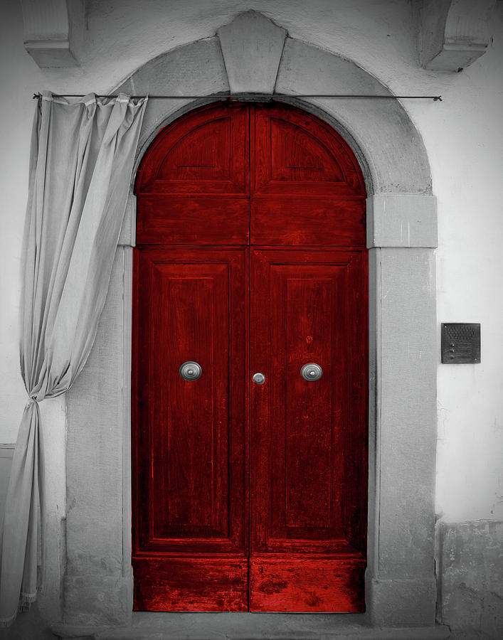 Red Door With Curtain, Greeve In Cianti, Tuscany, Italy Photograph