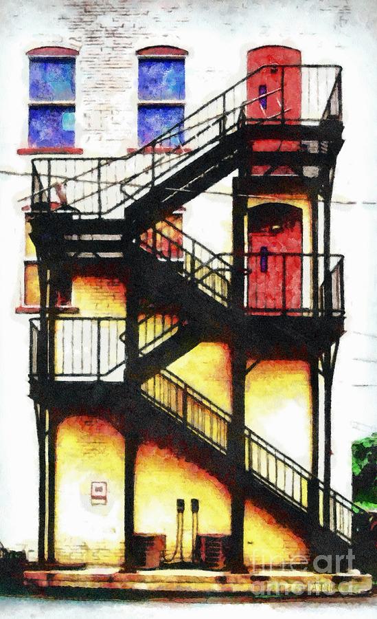 Architecture Photograph - Red doors on black fire escape by Janine Riley