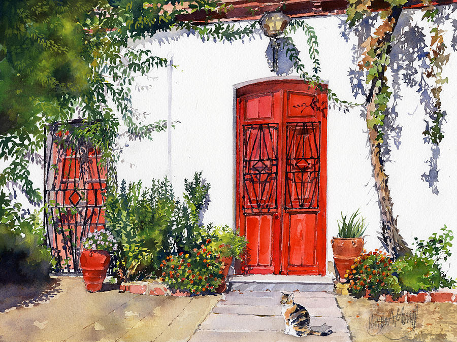 Cat Painting - Red Doors Puertas Rojas by Margaret Merry