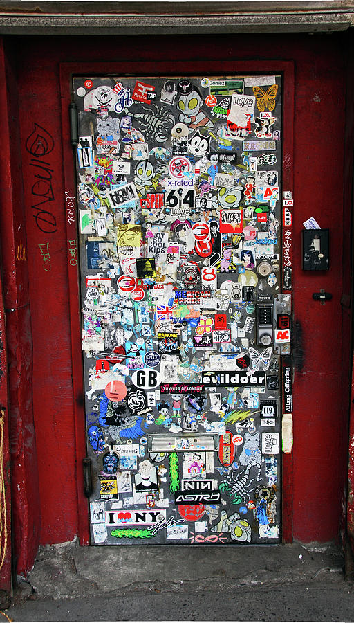 Urban Photograph - Red Doorway with Stickers by Rick Selin
