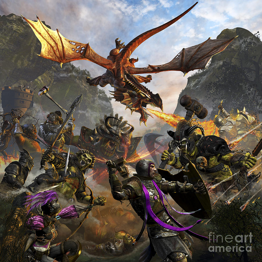 Rampage Movie Digital Art - Red Dragon And Orcs Attacking Royal by Kurt Miller
