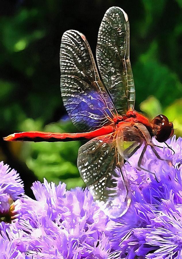 Red Dragonfly On Violet Purple Flowers Painting