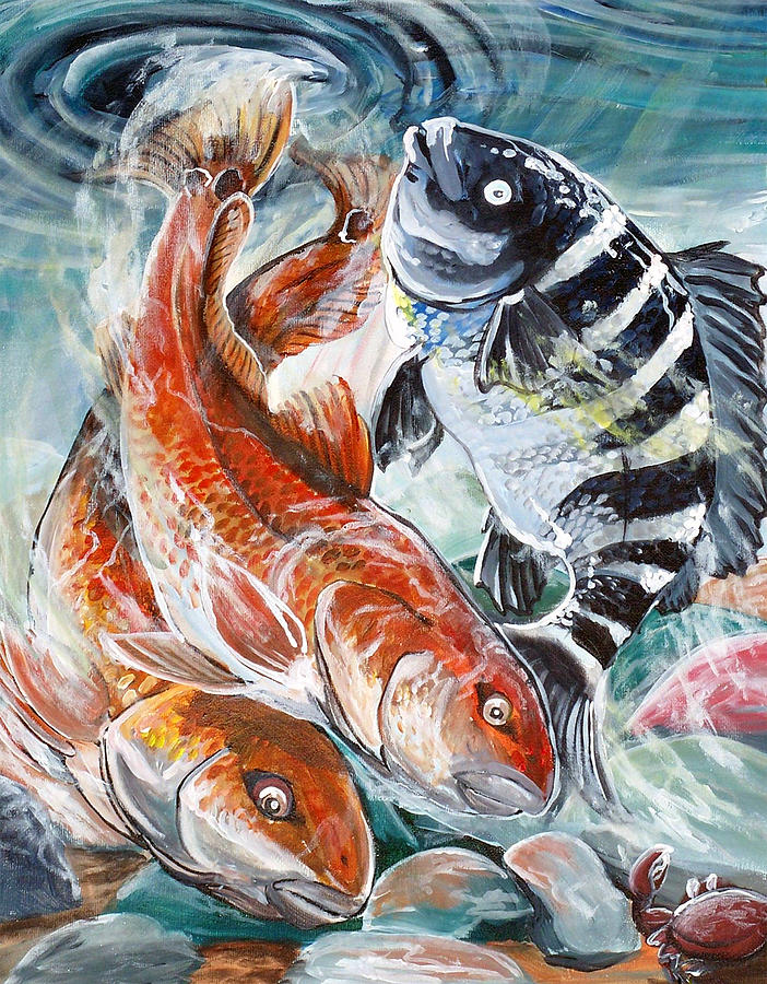 Red Drums and a Sheephead Painting by Jenn Cunningham