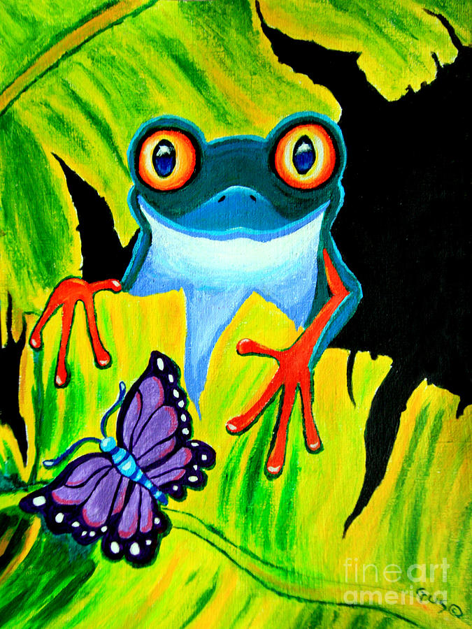 Red Eyed Tree Frog and Purple Butterfly Painting by Nick Gustafson